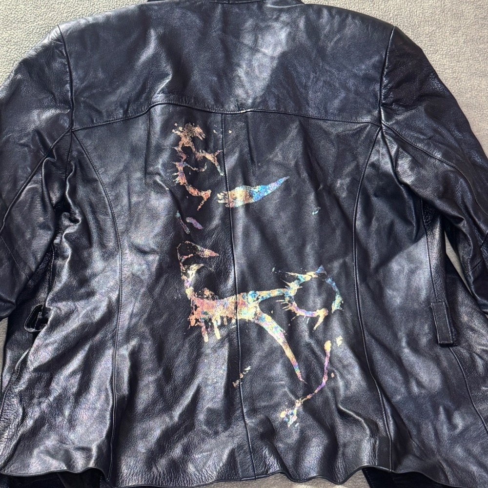 1 of 1 Custom Upcycle Navy Blue Leather Jacket Iridescent Graphic Size 10 Zip Up